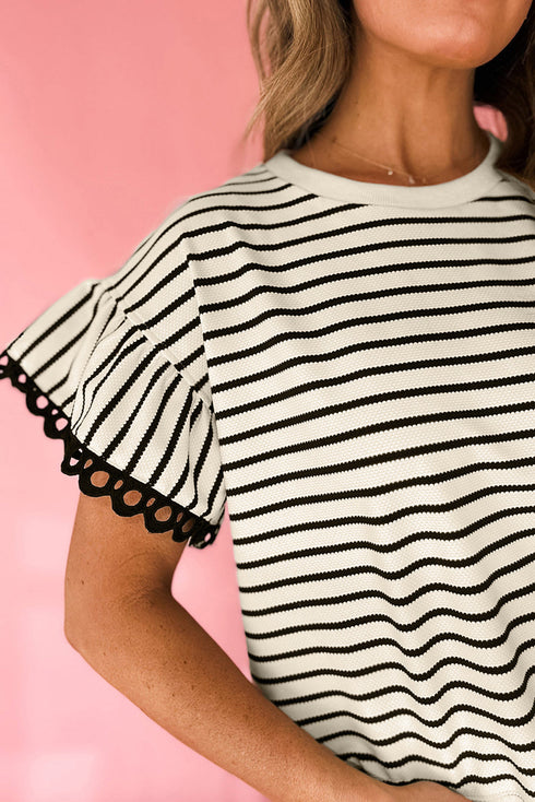 Stripe Scallop Lace Trim Ruffle Short Sleeves Crewneck Top