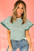 Stripe Scallop Lace Trim Ruffle Short Sleeves Crewneck Top
