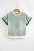Stripe Scallop Lace Trim Ruffle Short Sleeves Crewneck Top