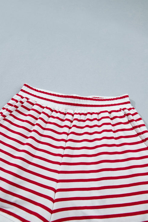 Stripe Scallop Trim Casual Top 2Pcs Short Set