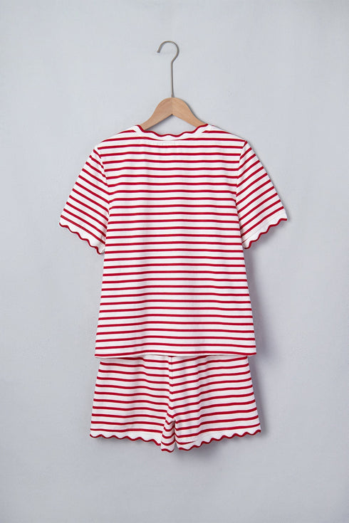 Stripe Scallop Trim Casual Top 2Pcs Short Set