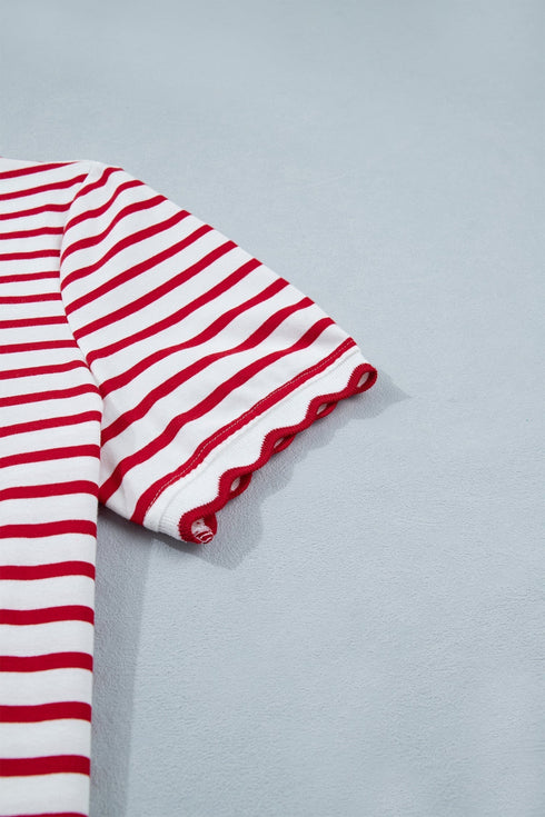 Stripe Scallop Trim Casual Top 2Pcs Short Set