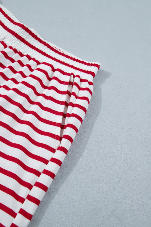 Stripe Scallop Trim Casual Top 2Pcs Short Set