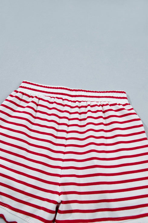Stripe Scallop Trim Casual Top 2Pcs Short Set