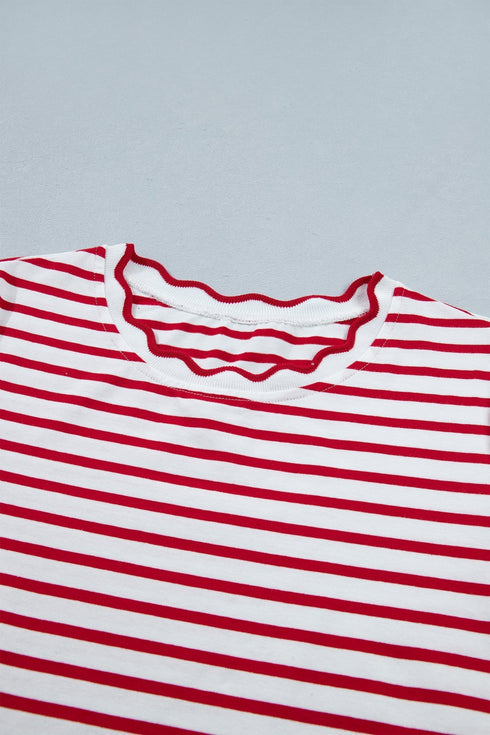 Stripe Scallop Trim Casual Top 2Pcs Short Set
