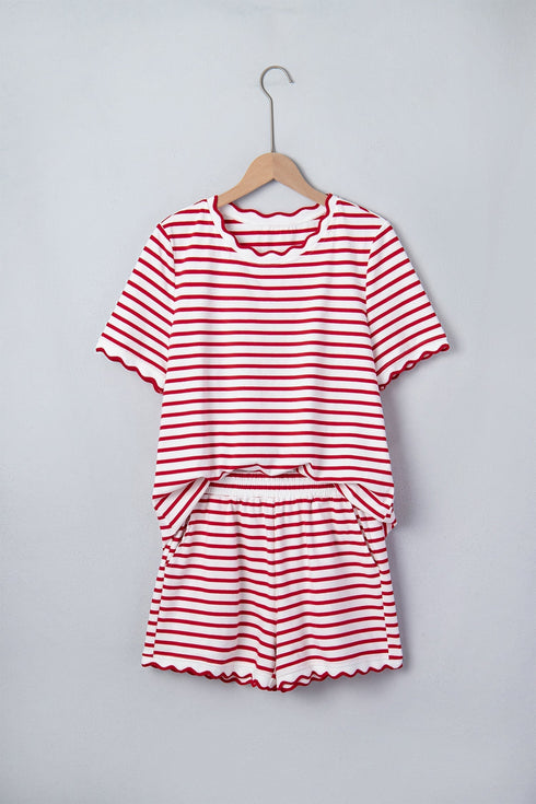 Stripe Scallop Trim Casual Top 2Pcs Short Set