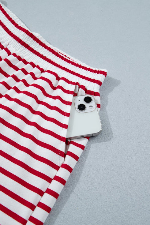 Stripe Scallop Trim Casual Top 2Pcs Short Set