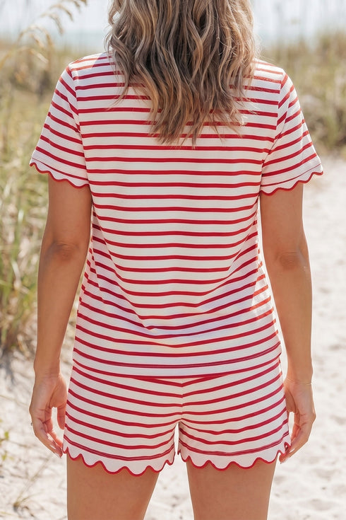 Stripe Scallop Trim Casual Top 2Pcs Short Set