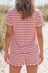 Stripe Scallop Trim Casual Top 2Pcs Short Set