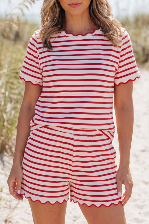 Stripe Scallop Trim Casual Top 2Pcs Short Set
