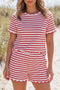 Stripe Scallop Trim Casual Top 2Pcs Short Set