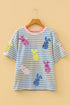 Stripe Sequin Bunny Patched Drop Shoulder Graphic Tee