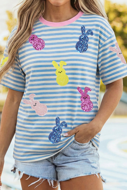 Stripe Sequin Bunny Patched Drop Shoulder Graphic Tee