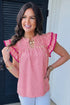 Stripe Shirred Yoke Ruffled Short Sleeve Blouse
