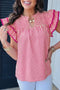 Stripe Shirred Yoke Ruffled Short Sleeve Blouse