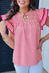 Stripe Shirred Yoke Ruffled Short Sleeve Blouse