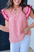Stripe Shirred Yoke Ruffled Short Sleeve Blouse