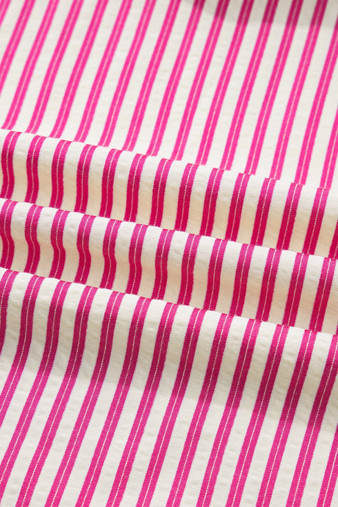 Stripe Shirred Yoke Ruffled Short Sleeve Blouse