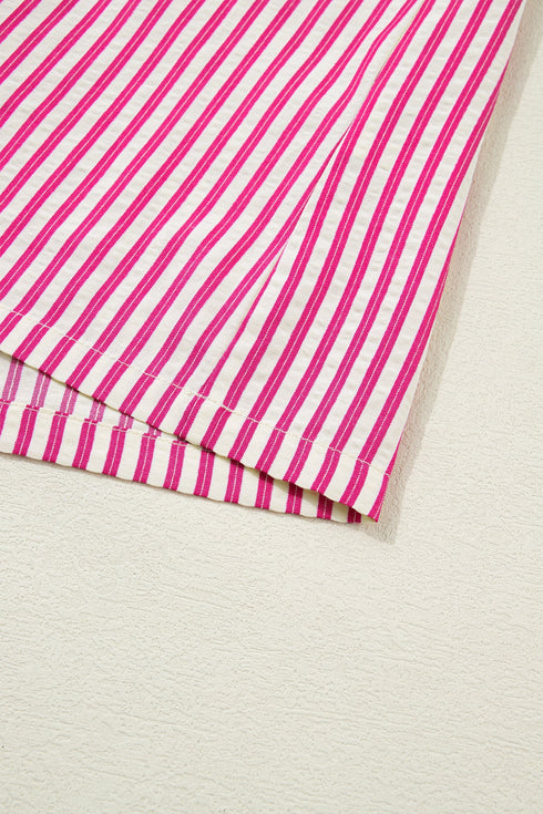 Stripe Shirred Yoke Ruffled Short Sleeve Blouse