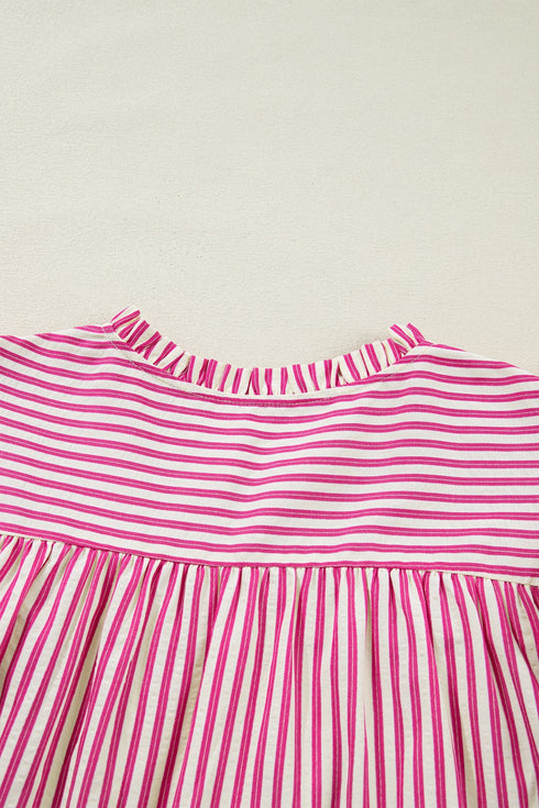 Stripe Shirred Yoke Ruffled Short Sleeve Blouse