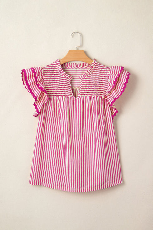Stripe Shirred Yoke Ruffled Short Sleeve Blouse