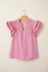 Stripe Shirred Yoke Ruffled Short Sleeve Blouse