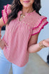 Stripe Shirred Yoke Ruffled Short Sleeve Blouse