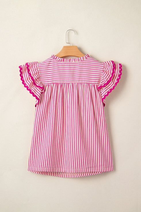 Stripe Shirred Yoke Ruffled Short Sleeve Blouse