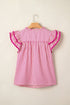 Stripe Shirred Yoke Ruffled Short Sleeve Blouse