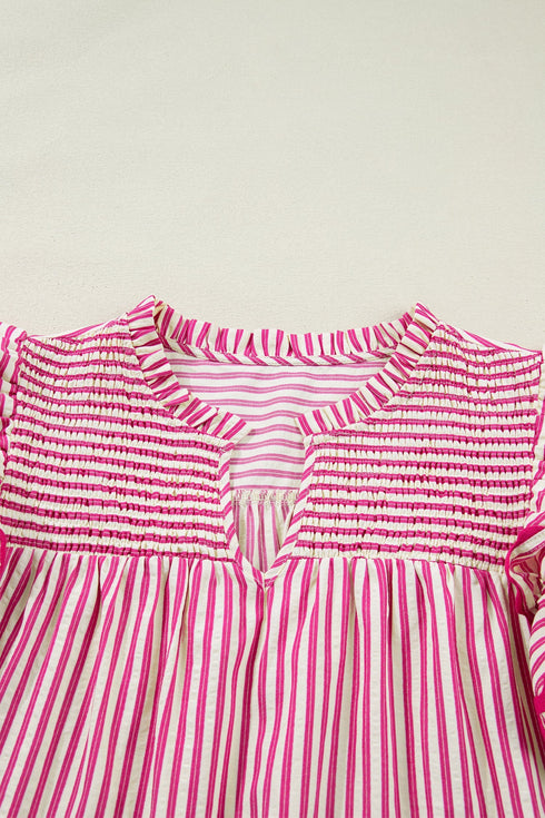 Stripe Shirred Yoke Ruffled Short Sleeve Blouse
