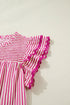 Stripe Shirred Yoke Ruffled Short Sleeve Blouse