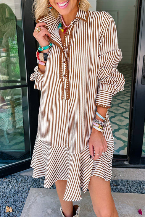 Stripe Shirt Collar Embroidered Trim Ruffle Hem Mini Dress