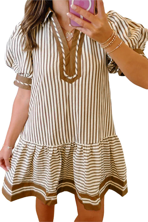 Stripe Shirt Collar Patchwork Trim Ruffle Hem Mini Dress