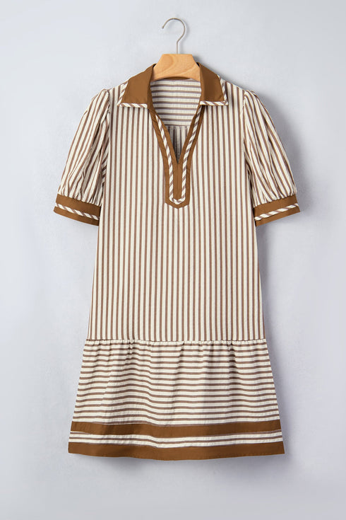 Stripe Shirt Collar Patchwork Trim Ruffle Hem Mini Dress