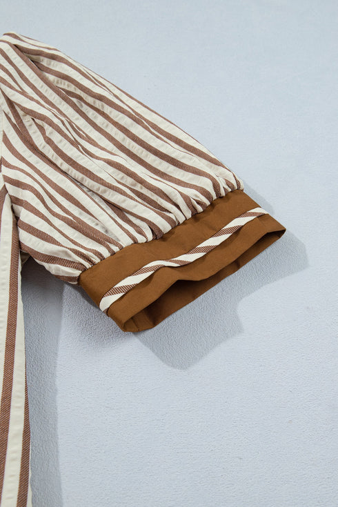 Stripe Shirt Collar Patchwork Trim Ruffle Hem Mini Dress