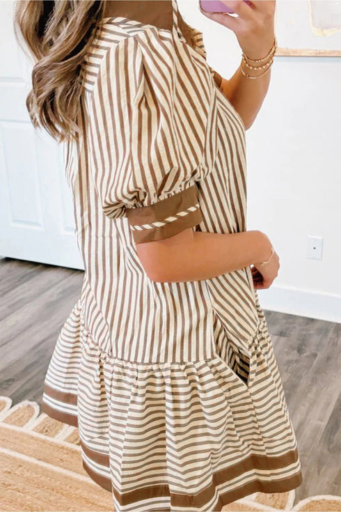 Stripe Shirt Collar Patchwork Trim Ruffle Hem Mini Dress