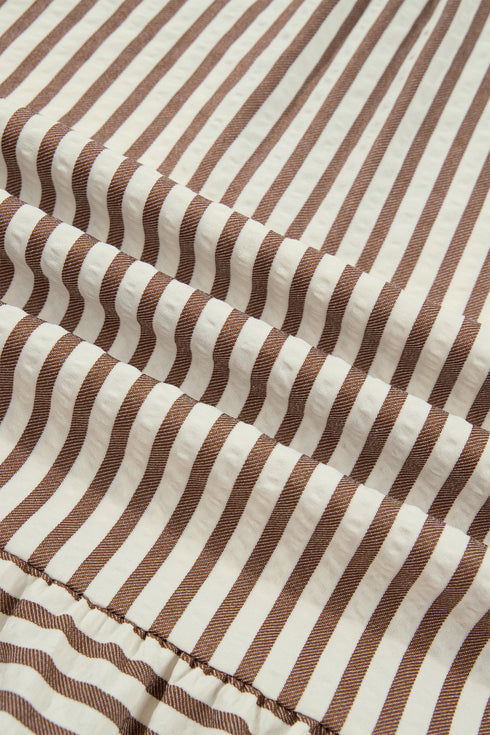 Stripe Shirt Collar Patchwork Trim Ruffle Hem Mini Dress