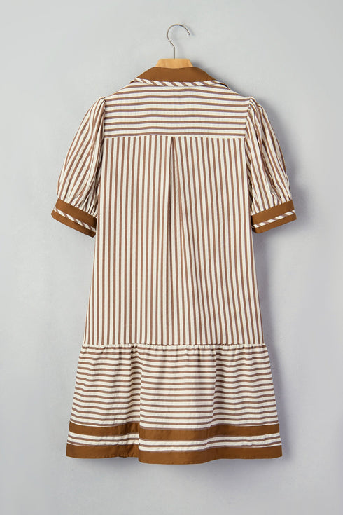 Stripe Shirt Collar Patchwork Trim Ruffle Hem Mini Dress