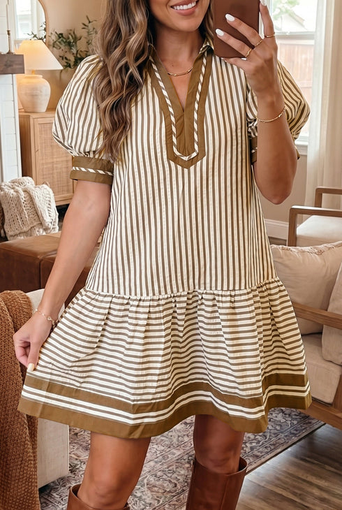 Stripe Shirt Collar Patchwork Trim Ruffle Hem Mini Dress