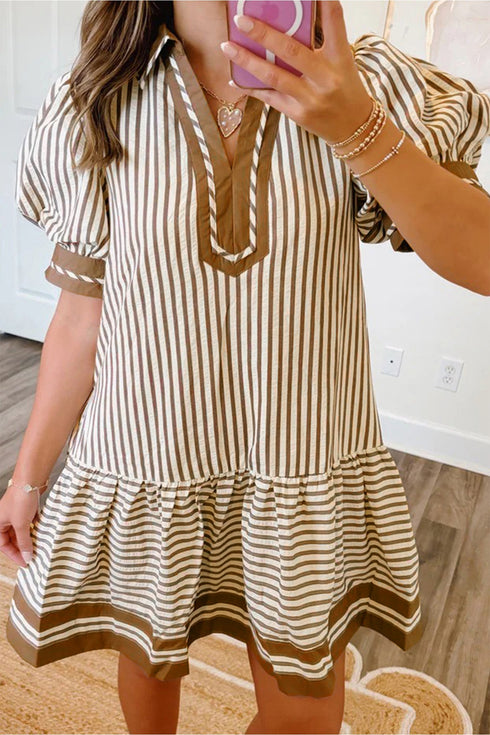 Stripe Shirt Collar Patchwork Trim Ruffle Hem Mini Dress