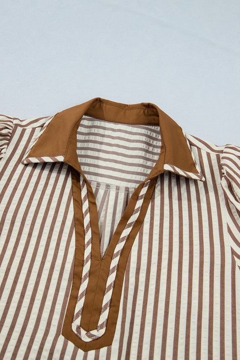 Stripe Shirt Collar Patchwork Trim Ruffle Hem Mini Dress