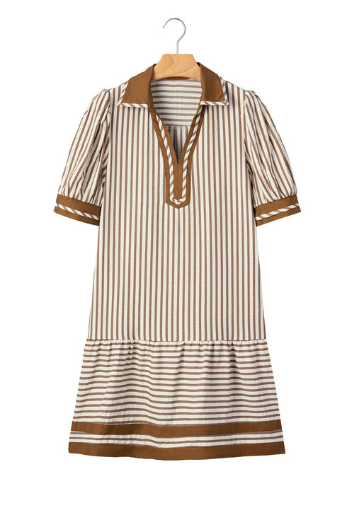 Stripe Shirt Collar Patchwork Trim Ruffle Hem Mini Dress