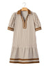 Stripe Shirt Collar Patchwork Trim Ruffle Hem Mini Dress