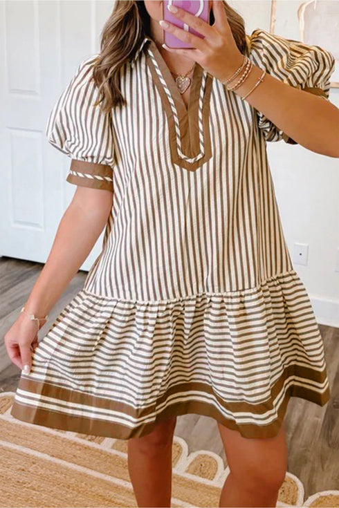 Stripe Shirt Collar Patchwork Trim Ruffle Hem Mini Dress