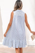 Stripe Shirt Collar Shirred Ruffle Hem Sleeveless Mini Dress