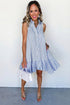 Stripe Shirt Collar Shirred Ruffle Hem Sleeveless Mini Dress