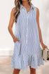 Stripe Shirt Collar Shirred Ruffle Hem Sleeveless Mini Dress