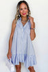 Stripe Shirt Collar Shirred Ruffle Hem Sleeveless Mini Dress