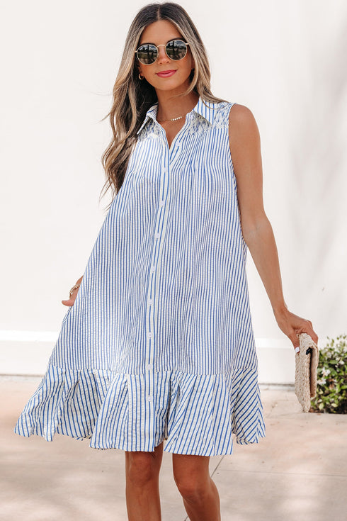 Stripe Shirt Collar Shirred Ruffle Hem Sleeveless Mini Dress