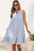 Stripe Shirt Collar Shirred Ruffle Hem Sleeveless Mini Dress